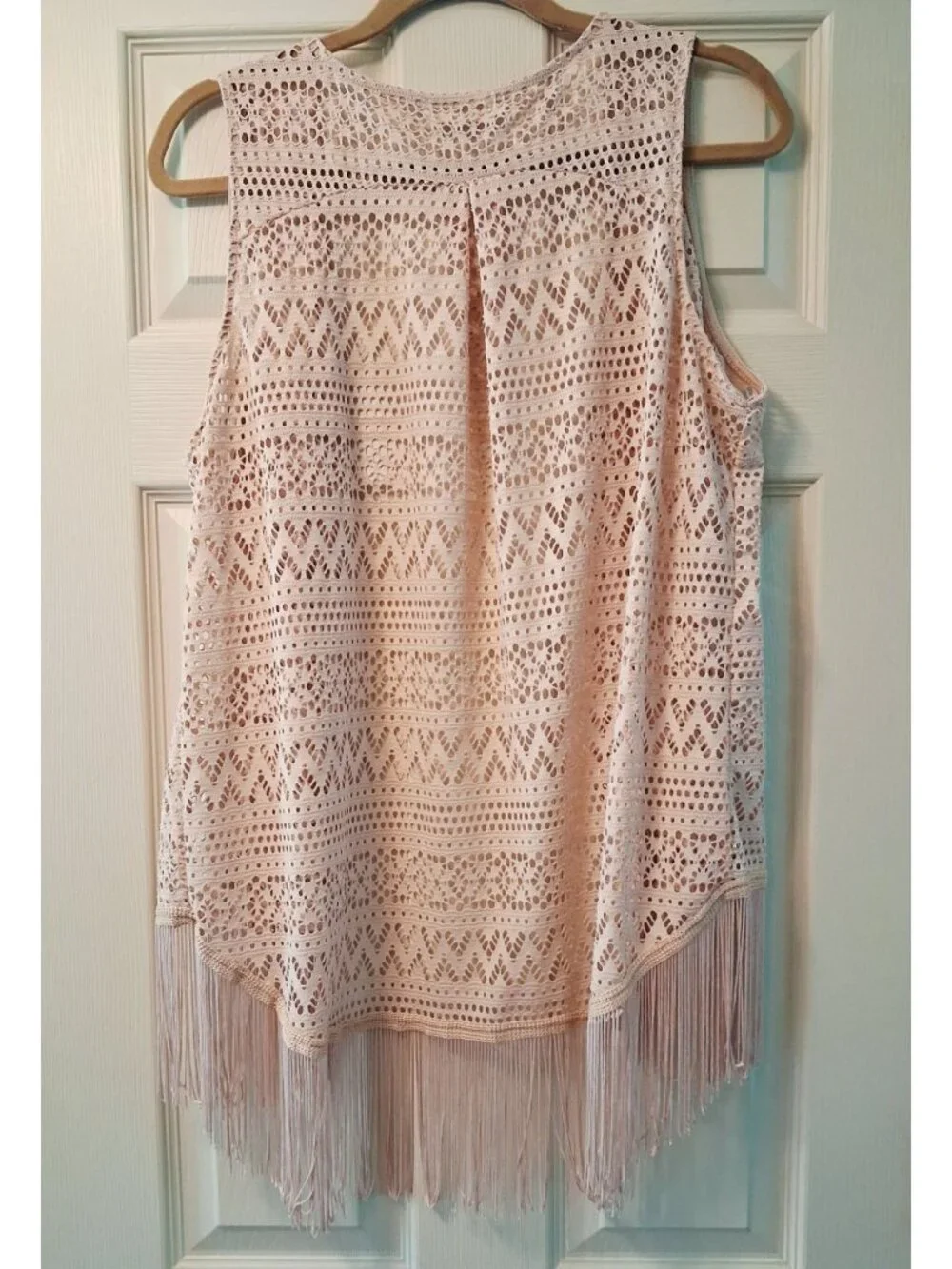 Love J Women's XL Beige Crochet Fringe Open Front Duster Vest 31 Long - Picture 2 of 6